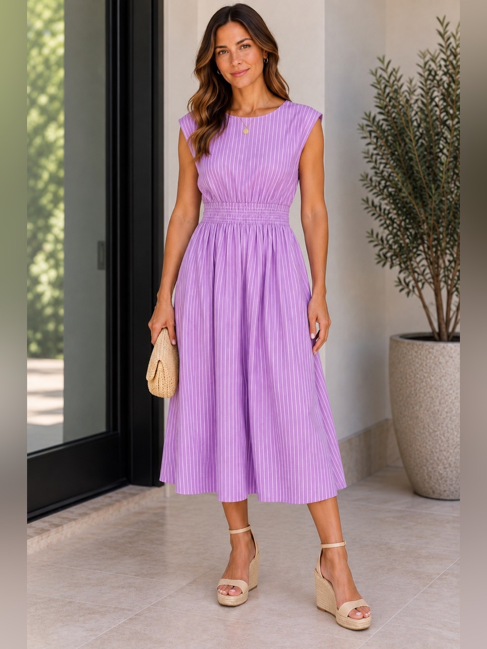 LOFT Lilac Lavender White Striped Sleeveless Midi Dress Smocked Waist sz LP